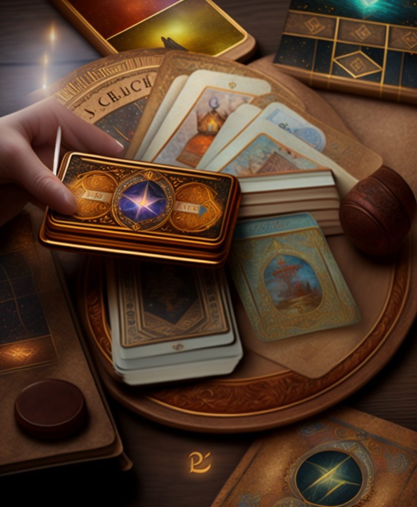 карты таро в руке на деревянной доске с рунами